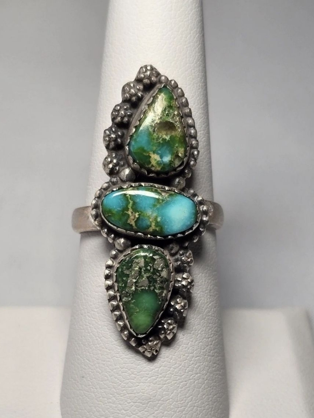 Triple Stone Sonoran Turquoise Sterling Silver Ring, Southwestern